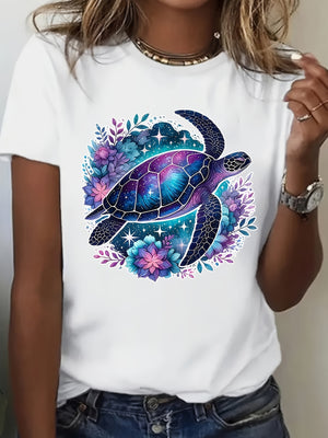 Cotton Shirts For Women Colorful Cosmic Pattern With Vibrant Flowers Surrounding Turtle, Grey T Shirt Womens, Womens Shirts