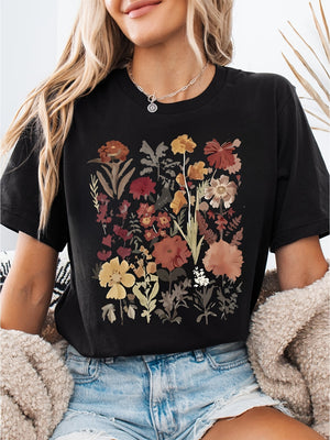 Shirt For Women Muted Autumn Colors With Delicate Wildflowers On Black Tshirt, 100 Cotton T Shirts For Women, Women T Shirt