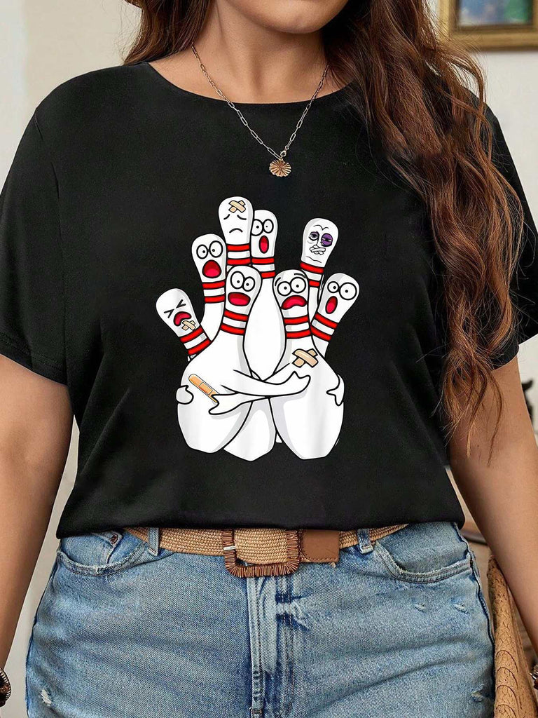 Womens T Shirts Happy Bowling Pins Cheerful Expressions On Black Tshirt, Womens White Tee, Graphic Tees Women