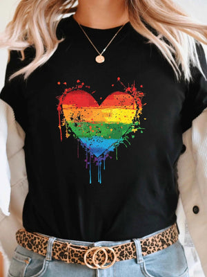 Womens Shirts Rainbow Colored Paint Splattered Heart, Cute Graphic Tees For Women, Basic Tees Women