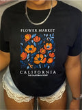 Shirt For Women Flower Market California Vibrant Orange Blooming Flowers With Blue Leaves Tshirt, Womens Graphic T Shirts, Womens White Tee