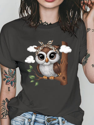 Basic Tees Women Cute Cartoon Owl Perched On Wooden Branch Under White Fluffy Clouds, Women T Shirt, Funny T Shirts For Women