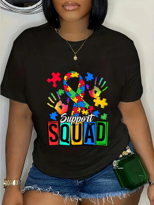 Blue Shirt Women Support Squad Colorful Handprints With Puzzle Pieces Ribbon, Graphic Shirts For Women, Womens Graphic Tshirts