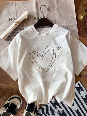 Womens Tees Playful Sketchy Double Heart Doodle On Simple White Tshirt, Vintage Shirts Women, Women T Shirt