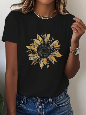 Cotton T Shirts For Women Black Tee Featuring Detailed Rustic Sunflower Graphic, Womens White Tee, Women T Shirt
