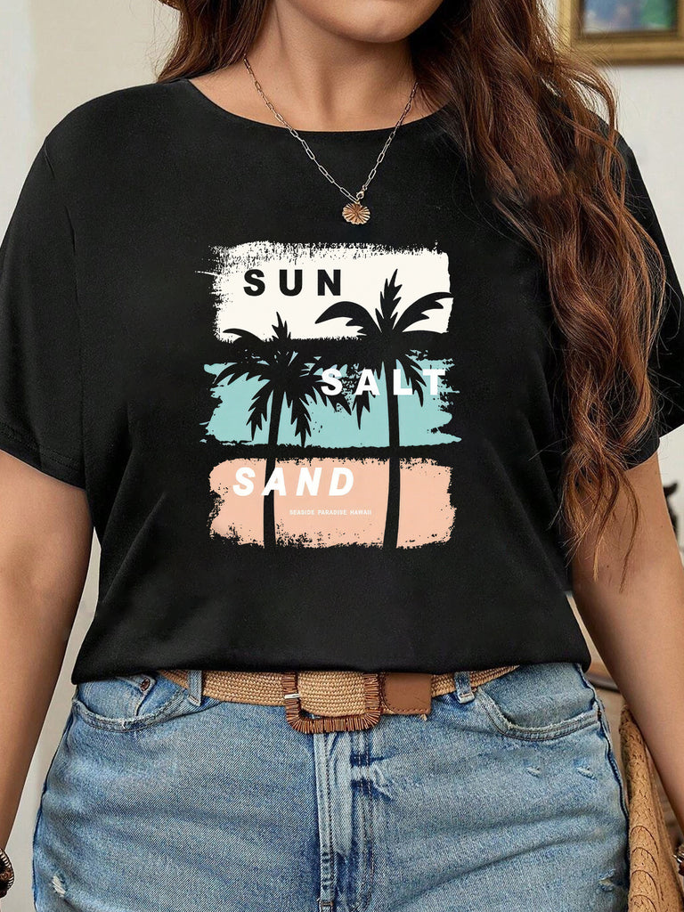 Womens T Shirts Sun Sea Sand With Palm Tree Silhouette Black Shirt, Women's Short Sleeve T Shirts, Womens Shirts