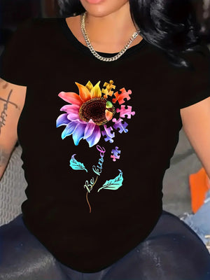 Womens Graphic Tees Vintage Colorful Gradient Blooming Flower With Puzzle Pieces And Delicate Branch, Graphic Tshirts Women, Womens Night Shirts