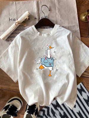 100 Cotton T Shirts For Women Playful Cartoon Duck Waddling With Stars Around White Shirt, Green Shirt Womens, Black T Shirt Women