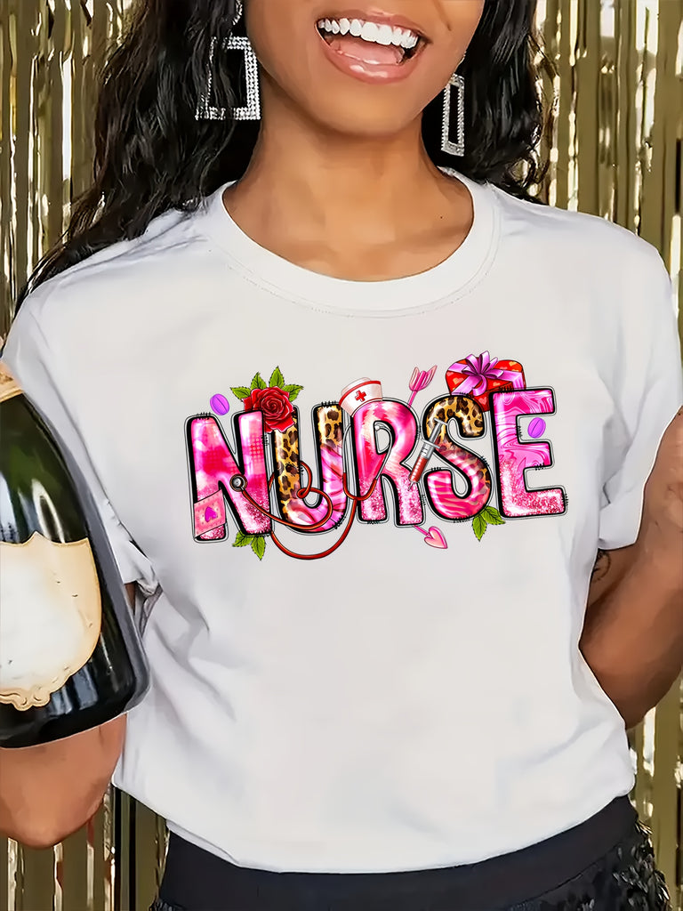 Country Shirts Womens Nurse Bright Floral Letters With Pink And Green Details Shirt, Cotton T Shirts For Women, Womens T Shirts