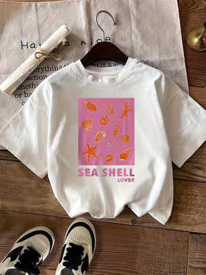 Pink Shirt Womens Sea Shell Lover Pink Background With Various Ocean Shells And Starfish Tshirt, Cute T Shirts For Women, Womens Shirts