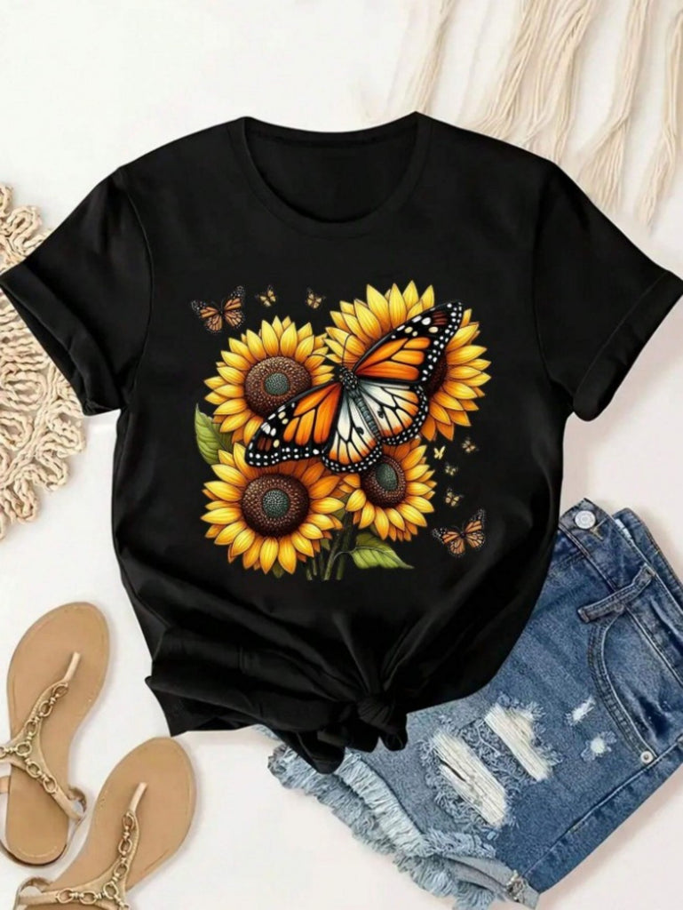 Womens Night Shirts Monarch Butterfly Among Bright Sunflowers On Black Tshirt, Graphic Tees Women, Women's Short Sleeve T Shirts