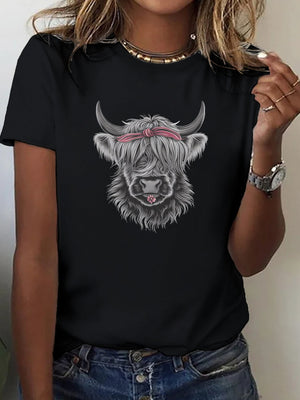 Cotton Shirts For Women Black Soft Fur Highland Bull With Red Headband, Graphic Shirts For Women, Womens Graphic Tees Vintage