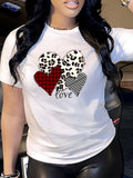 White Cotton Shirt Women Leopard Heart Pattern With Striped And Checkered Textured Hearts Love Tshirt, Basic Tees Women, Vintage Shirts Women