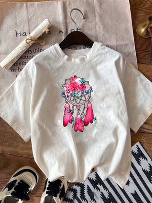 Country Shirts Womens Dreamcatcher Decorated With Pink Feathers And Blue Flowers T Shirt, Graphic Tshirts Women, Women T Shirt