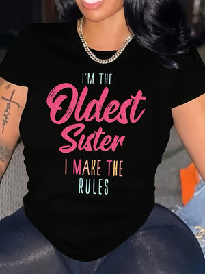 Pink Shirt Womens Im The Oldest Sister I Make The Rules Bold Pink Text On Black Cotton Tshirt, Red T Shirt Women, Womens Shirts