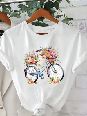 White Cotton Shirt Women Colorful Floral Arrangement With Vintage Blue Bicycle, Womens Night Shirts, Funny Shirts For Women
