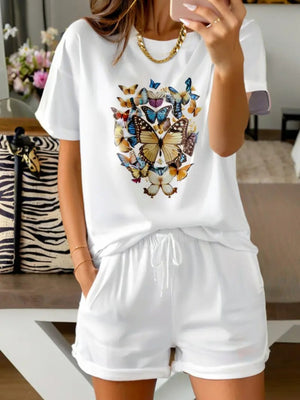 Red T Shirt Women Colorful Butterflies Gathering Around Large Central Butterfly T Shirt, Grey T Shirt Womens, Womens Night Shirts