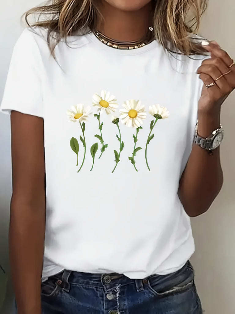 Womens White Tee Delicate White And Yellow Flowers With Green Stems On Shirt, 100 Cotton T Shirts For Women, Blue Shirt Women