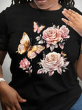 Women T Shirt Graceful Soft Pink Butterflies With Blooming Delicate Roses Flower, Graphic Tees Women, Blue Shirt Women