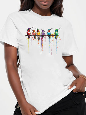 Shirt For Women Colorful Birds Perching On Dripping Paint Branch, Black T Shirt Women, Womens Tees