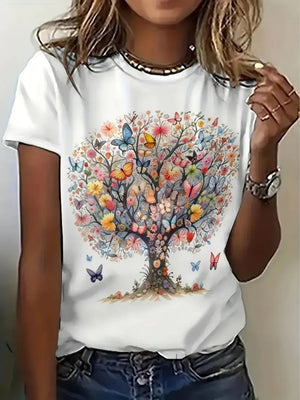 Red T Shirt Women Colorful Blossoming Tree With Butterflies Surrounding Single Trunk, Women T Shirt, Cotton Shirts For Women