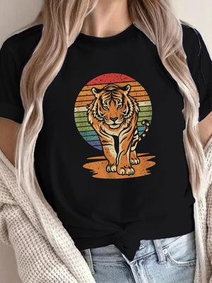 Vintage Shirts Women Roaring Tiger Walking Among Striped Colorful Background Tiger, Blue Shirt Women, Graphic Tshirts Women