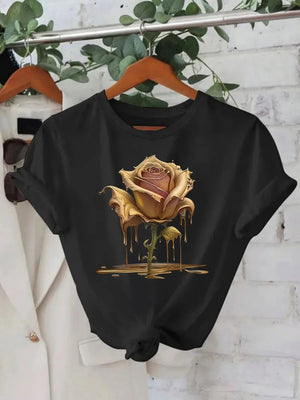 Womens Grinch Shirt Golden Dripping Rose With Abstract Melting Effect Flower, Women's Short Sleeve T Shirts, Women T Shirt