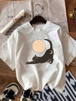 Vintage Shirts Women Playful Black Cat Stretching Under Sunlight T Shirt, 100 Cotton T Shirts For Women, Graphic Shirts For Women