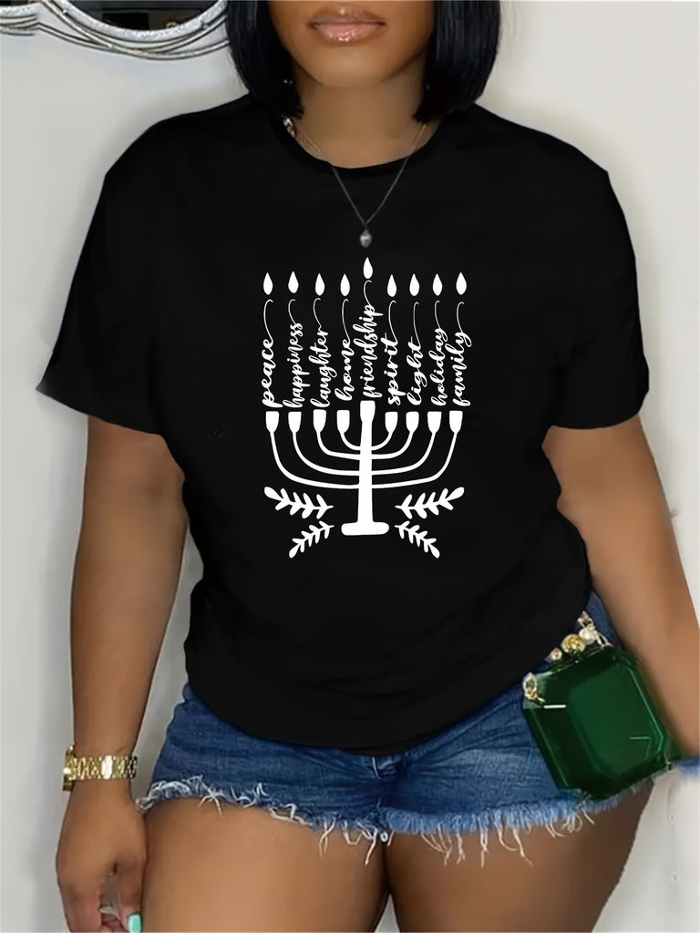Basic Tees Women White Candlelit Menorah Symbol On Black Cotton Shortsleeve Tshirt, Grey T Shirt Womens, Womens Tees