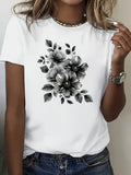 Womens Graphic T Shirts Elegant Monochrome Floral Pattern With Detailed Leaves And Blossoming Flowers, Funny T Shirts For Women, Country Shirts Womens