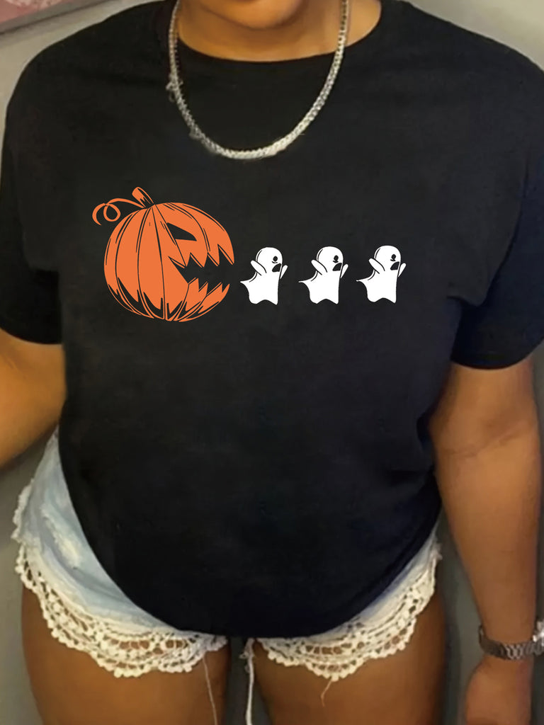 Shirt For Women Carved Halloween Pumpkin With Three Dancing White Ghosts Tshirt, Green Shirt Womens, Blue Shirt Women
