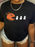 Shirt For Women Carved Halloween Pumpkin With Three Dancing White Ghosts Tshirt, Green Shirt Womens, Blue Shirt Women