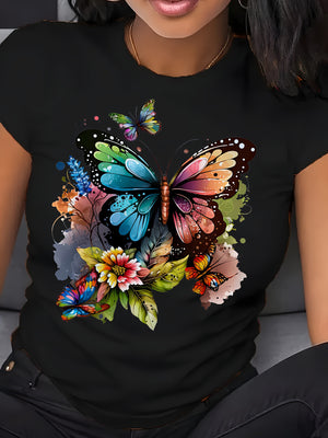 Vintage T Shirts Women Colorful Vibrant Butterflies Among Lush Flowers With Detailed Wing Patterns Butterfly, Womens Graphic T Shirts, Womens Graphic Tshirts