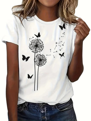 Women T Shirt Delicate Flying Butterflies Around Dandelion Seeds White Tshirt, Funny Shirts For Women, Pink Shirt Womens