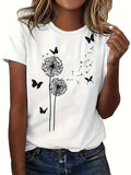 Women T Shirt Delicate Flying Butterflies Around Dandelion Seeds White Tshirt, Funny Shirts For Women, Pink Shirt Womens