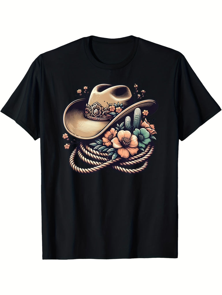 Womens Graphic Tees Vintage Vintage Cowboy Hat Among Rustic Flowers And Twisted Rope Hat, Vintage T Shirts Women, Green Shirt Womens