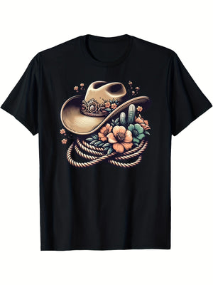Womens Graphic Tees Vintage Vintage Cowboy Hat Among Rustic Flowers And Twisted Rope Hat, Vintage T Shirts Women, Green Shirt Womens