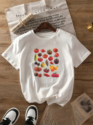 Vintage Shirts Women Assorted Fresh Ripe Tomatoes And Vegetables On White Cotton Fabric T Shirt, Womens Shirts, Cute T Shirts For Women