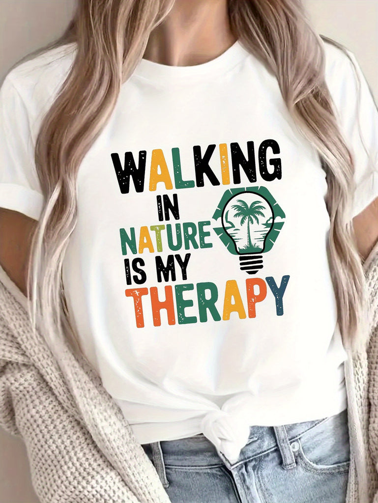 Womens T Shirts Walking In Nature Is My Therapy Lightbulb With Palm Trees And Tropical Flora, Funny Shirts For Women, Funny T Shirts For Women