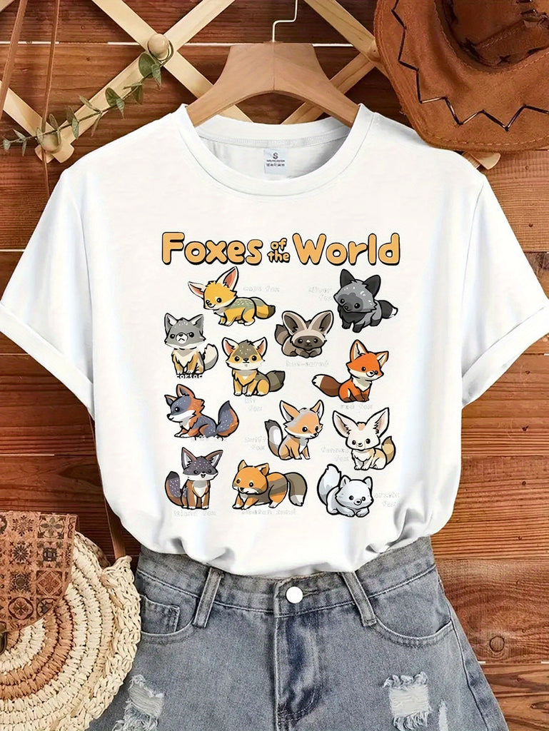 Womens Graphic T Shirts Foxes Surrounding Cute Cartoon Style Various Small Animals Shirt, Womens Shirts, Grey T Shirt Womens