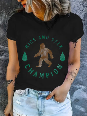 Shirt For Women Hide And Seek Champion With Brown Furry Creature Between Two Green Pine Trees Tshirt, Graphic Tshirts Women, Graphic Tees Women