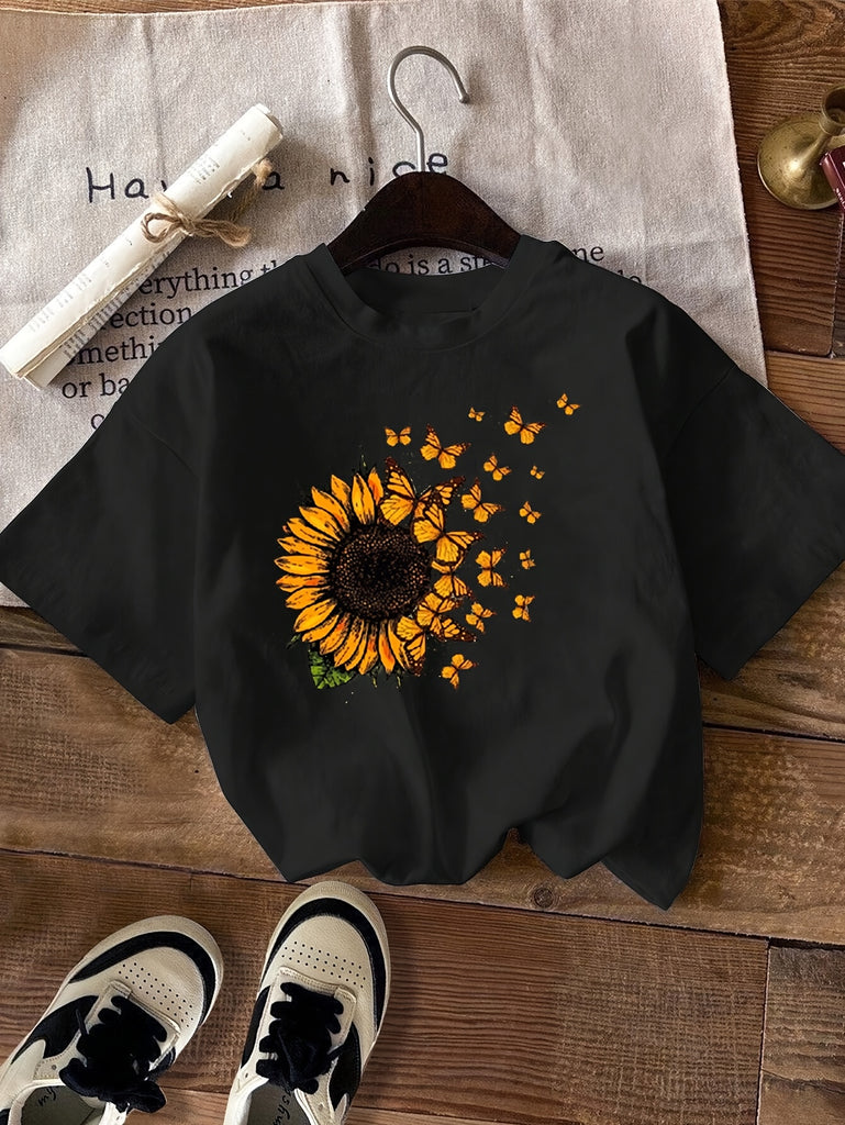 Cotton Shirts For Women Bright Vibrant Blooming Sunflower Surrounded By Fluttering Butterflies Tshirt, Funny Shirts For Women, Womens Graphic T Shirts