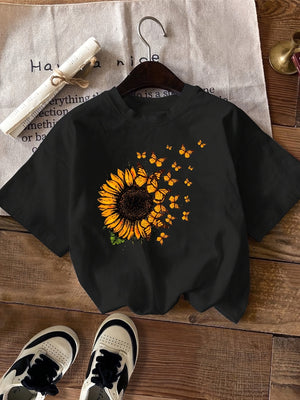 Cotton Shirts For Women Bright Vibrant Blooming Sunflower Surrounded By Fluttering Butterflies Tshirt, Funny Shirts For Women, Womens Graphic T Shirts