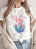 Women Tshirts Tulip Flower Blooming Pink Petals With Green Leaves Flower, Funny T Shirts For Women, Cotton T Shirts For Women