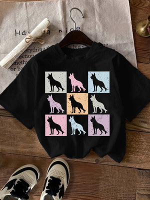 Blue Shirt Women Colorful Silhouettes Of Wolves Within Pastel Squares On Black Tshirt, Graphic Tees Women, Shirt For Women