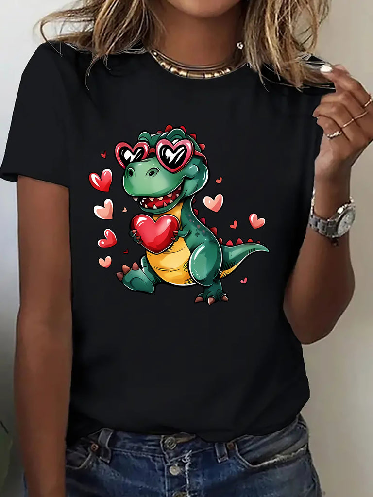Shirt For Women Cute Dinosaur Wearing Heart Sunglasses Surrounded By Floating Hearts Cartoon Dinosaur, Black T Shirt Women, Womens Graphic T Shirts
