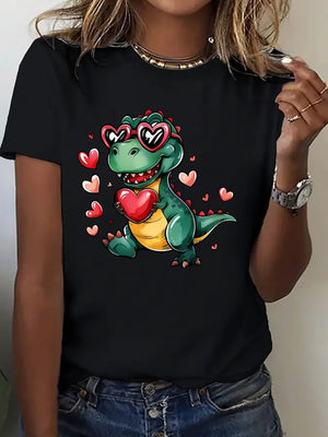 Shirt For Women Cute Dinosaur Wearing Heart Sunglasses Surrounded By Floating Hearts Cartoon Dinosaur, Black T Shirt Women, Womens Graphic T Shirts