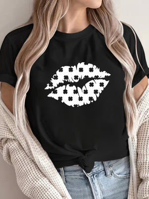 Pink Shirt Womens Stylish Black And White Floral Pattern With Lip Shape Tee, Women T Shirt, Funny T Shirts For Women