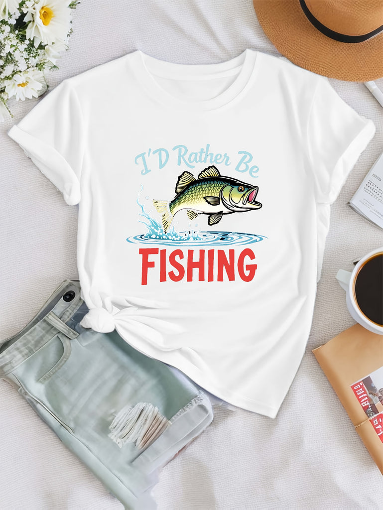 Blue Shirt Women Id Rather Be Fishing Vibrant Jumping Fish Over Splashing Water With Bold Text, Womens Night Shirts, Basic Tees Women