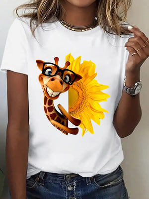 Vintage Shirts Women Cheerful Playful Giraffe Wearing Glasses Standing Beside Bright Yellow Sunflower T Shirt, Cotton T Shirts For Women, Womens White Tee